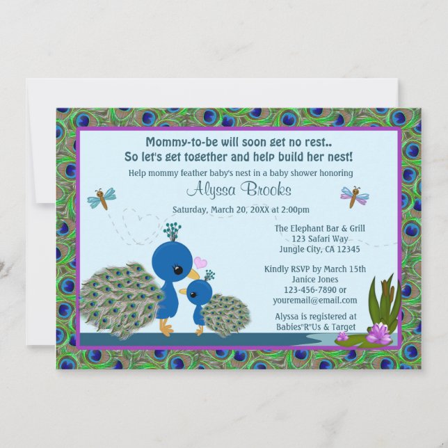 Peacock Baby Shower invitations Girls Boys #206 (Front)