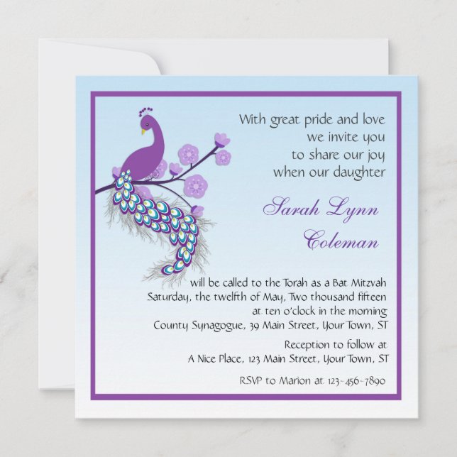 Peacock Bat Mitzvah Invitation (Front)