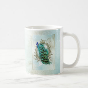 peacock beautiful turquoise vintage shabby bird coffee mug