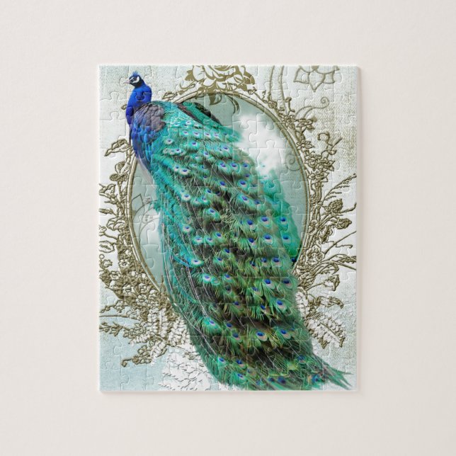 peacock beautiful turquoise vintage shabby bird jigsaw puzzle (Vertical)