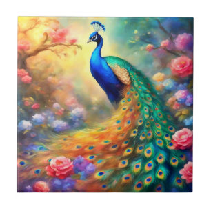 Peacock Bird 100 with flowers Ceramic Tile