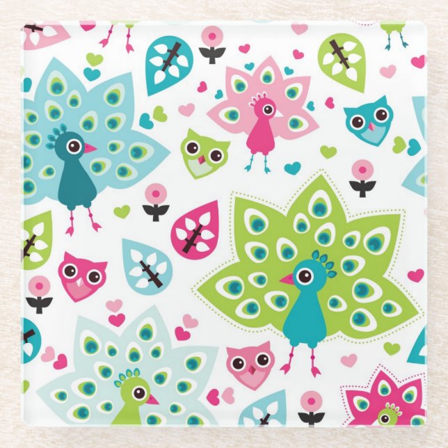 peacock bird and owl glass coaster (Front)