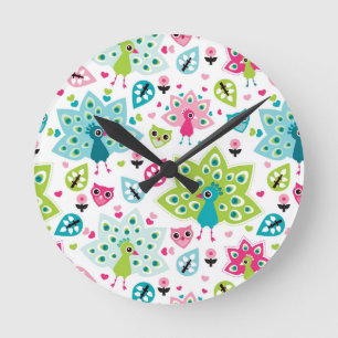 peacock bird and owl round clock