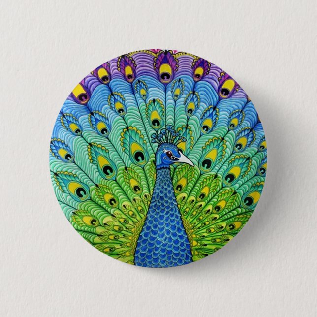 Peacock bird animation 6 cm round badge (Front)