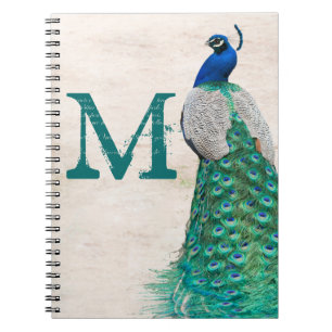 Peacock Bird Feather Monogram Initial Note Book