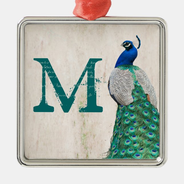 Peacock Bird Feather Tea Monogram Initial Ornament (Front)