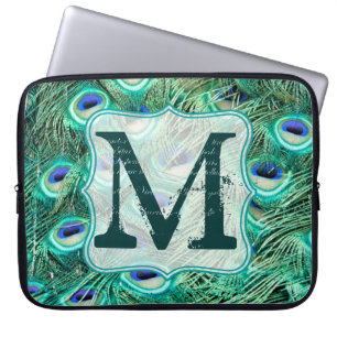 Peacock Bird Feather Teal Monogram 15" Laptop Case