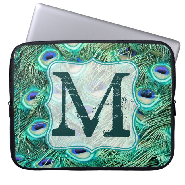 Peacock Bird Feather Teal Monogram 15" Laptop Case (Front)