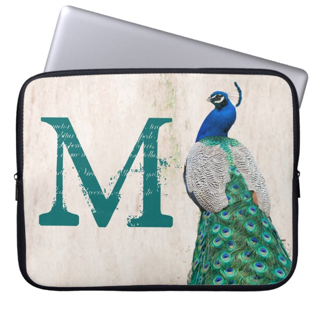 Peacock Bird Feather Teal Monogram 15" Laptop Case (Front)