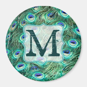 Peacock Bird Feather Teal Monogram Initial Magnet