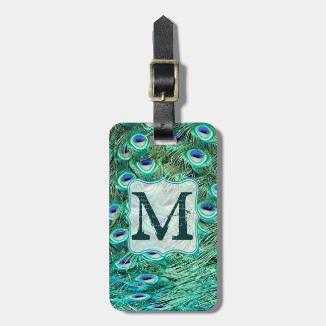 Peacock Bird Feather Teal Tur Monogram Luggage Tag (Front Vertical)