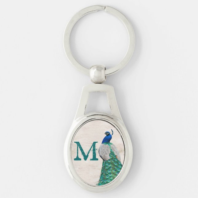 Peacock Bird Feather Teal Turquoise Vint Key Chain (Front)