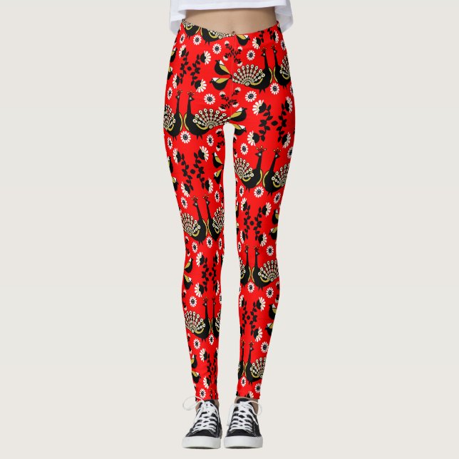 Peacock Bird Folk Art. Leggings (Front)