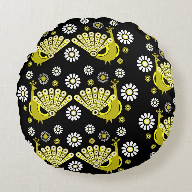 Peacock Bird Graphic Art Round Cushion (Front)
