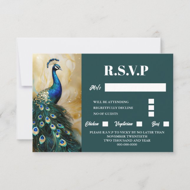 Peacock bird luxury 3D dark teal emerald rsvp (Front)