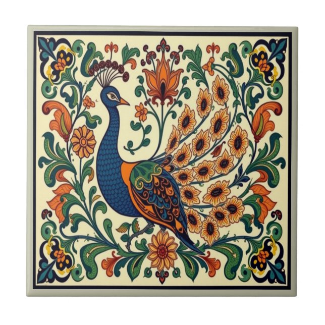 Peacock Bird Morris Morgan Boho  Ceramic Tile (Front)