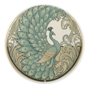 Peacock Bird Sage Green & Gold Art Deco Nouveau Ceramic Knob