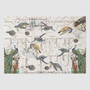 Peacock Bird Sea Turtle Blowfish French Ephemera Tissue Paper