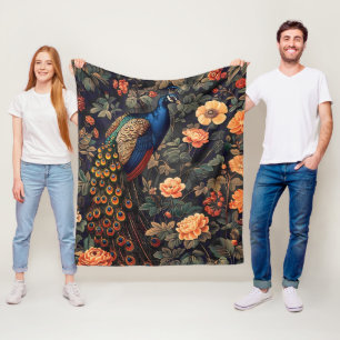 Peacock Bird Vintage Pattern Forest Fleece Blanket