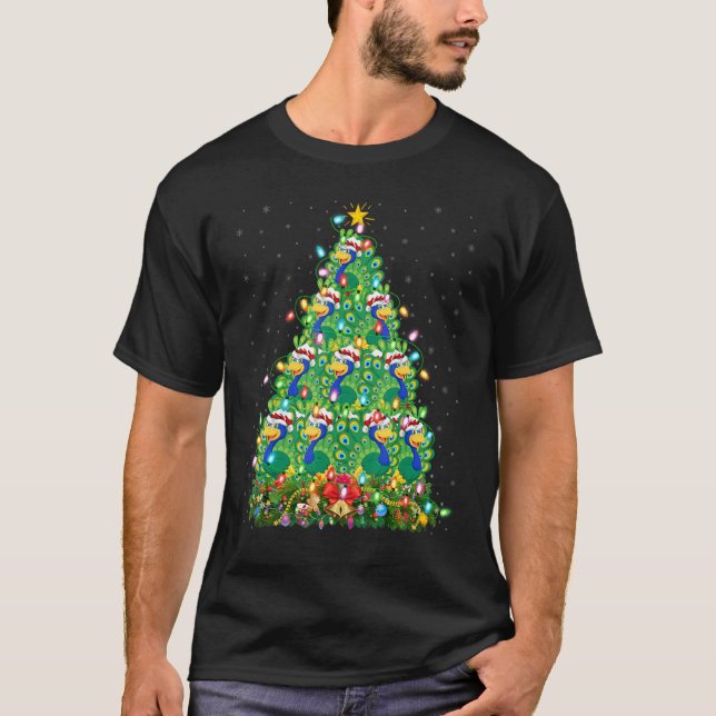 Peacock Bird   Xmas Lights Santa Peacock Christmas T-Shirt (Front)