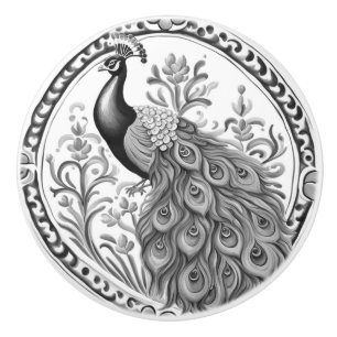 Peacock Black and White Portuguese European Ceramic Knob
