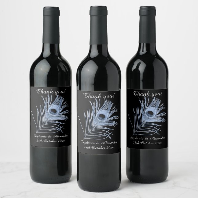 PEACOCK BLACK CUSTOMIZABLE 2 WINE LABEL (Bottles)