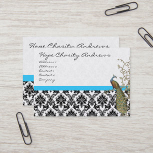 Peacock Black White Damask Bright Aqua Trim Business Card