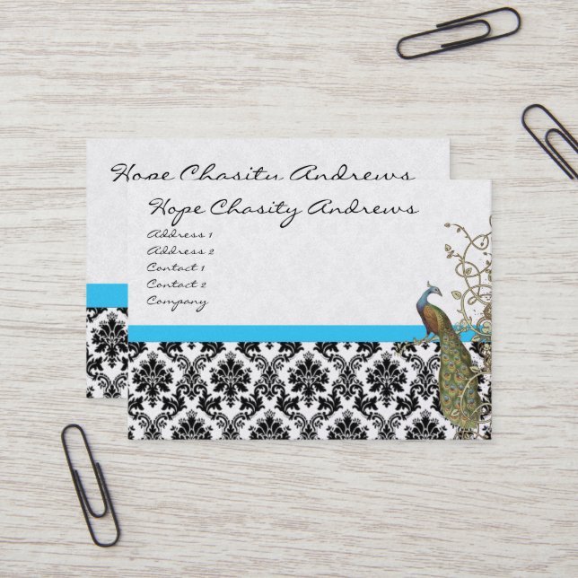 Peacock Black White Damask Bright Aqua Trim Business Card (Front/Back In Situ)