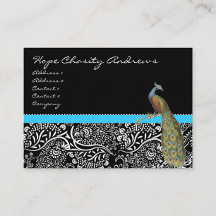 Peacock Black White Damask Bright Aqua Trim Business Card