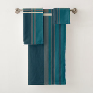 Peacock Blue and Gray Stripes Bath Towel Set