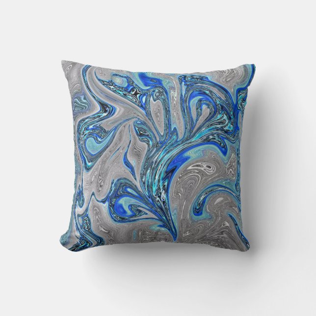 Peacock Blue and Silver Marbled Abstract Cushion (Front)