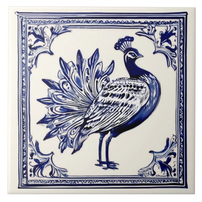 Peacock Blue and White Folk Animal Art Ceramic Tile (Front)