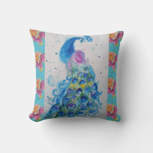 Peacock Blue Bird Watercolor Aqua Rose Cushion