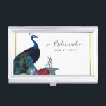 Peacock Blue Burgundy Winter Fall Wedding Business Card Holder<br><div class="desc">Beautiful Peacock with Teal and blue, burgundy flowers, sage green leaves feature on this fall, autumn, winter wedding items. Part of a larger collection that includes budget wedding invitations, save the dates, RSVPs, thank you photo cards, bridal and wedding party gifts, and more. For a detailed FREE winter wedding planning,...</div>