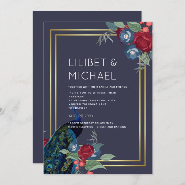 Peacock Blue Burgundy Winter Fall Wedding Invitation (Front/Back)