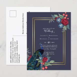 Peacock Blue Burgundy Winter Fall Wedding Postcard