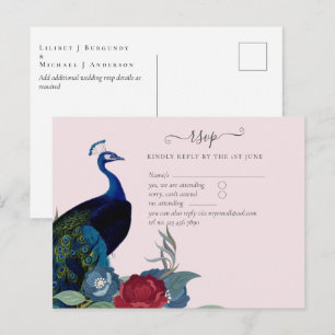 Peacock Blue Burgundy Winter Fall Wedding Postcard