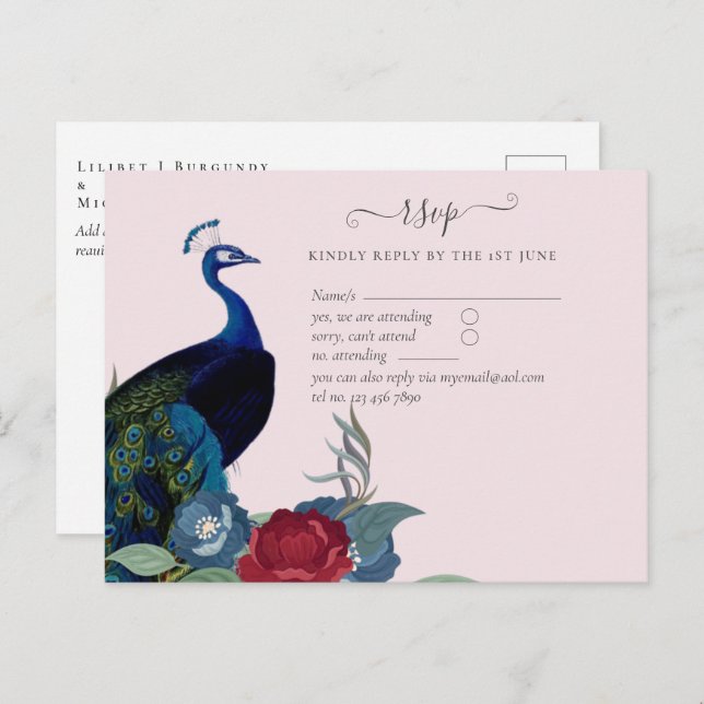 Peacock Blue Burgundy Winter Fall Wedding Postcard (Front/Back)