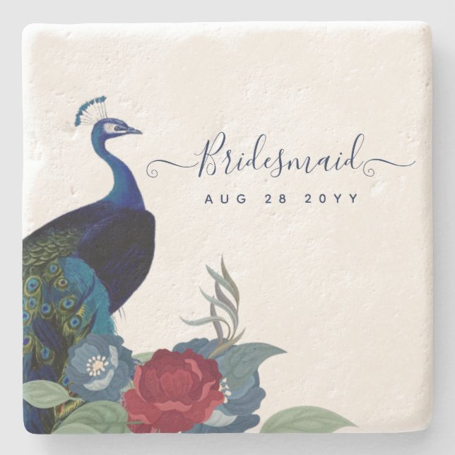 Peacock Blue Burgundy Winter Fall Wedding Stone Coaster (Front)