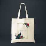 Peacock Blue Burgundy Winter Fall Wedding Tote Bag<br><div class="desc">Beautiful Peacock with Teal and blue, burgundy flowers, sage green leaves feature on this fall, autumn, winter wedding items. Part of a larger collection that includes budget wedding invitations, save the dates, RSVPs, thank you photo cards, bridal and wedding party gifts, and more. For a detailed FREE winter wedding planning,...</div>