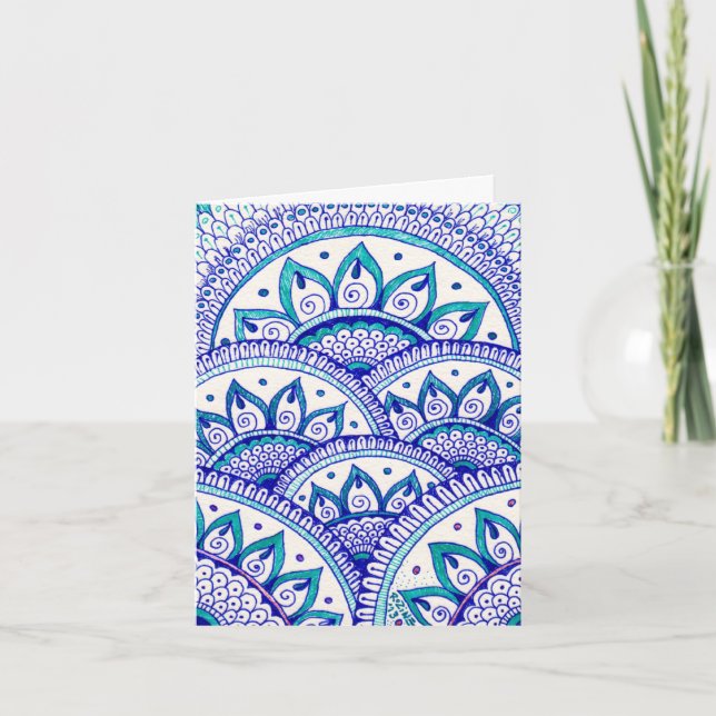 Peacock Blue Damask Indian Mandala Thank You Card (Front)