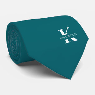 Peacock Blue   Elegant Monogram+Name   One-Sided Tie
