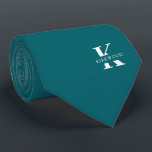 Peacock Blue | Elegant Monogram Name | Two-Sided Tie<br><div class="desc">An elegant two-sided necktie featuring a bold white monogram across a greenish Peacock Blue background. On top of this monogram sits your first or last name spelled out in all capitals. If you prefer a bolder look for the personal name inside of the large letter you can do the following:...</div>