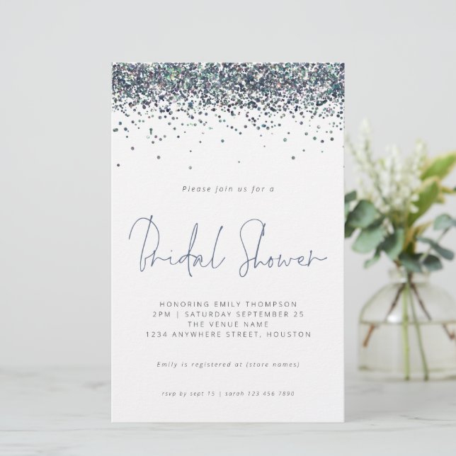 Peacock Blue Glitter Budget Bridal Shower Invite (Standing Front)