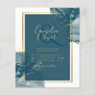 Peacock Blue Gold Alcohol INK Chic Wedding Invite Flyer