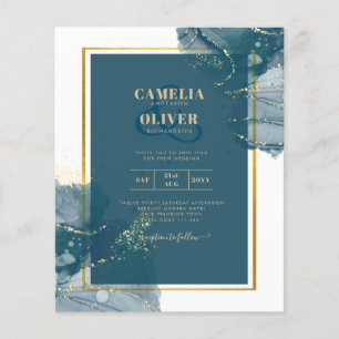 Peacock Blue Gold Alcohol INK Chic Wedding Invite Flyer