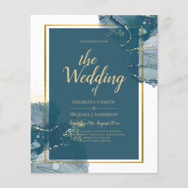 Peacock Blue Gold Alcohol INK Chic Wedding Invite Flyer (Front)