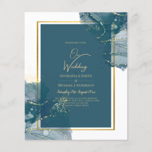 Peacock Blue Gold Alcohol INK Chic Wedding Invite Flyer