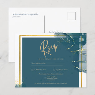 Peacock Blue Gold Alcohol INK Chic Wedding RSVP Postcard