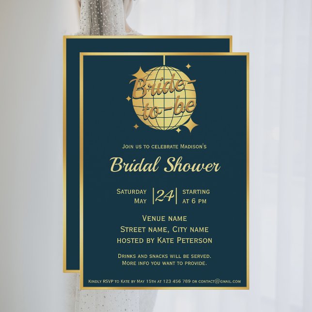 Peacock blue gold disco ball bridal shower  invitation (Creator Uploaded)